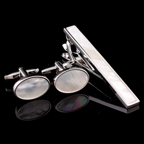 Elegant Mother of Pearl 3 Pcs Set Cufflinks & Tie Clip - Picture 1 of 17